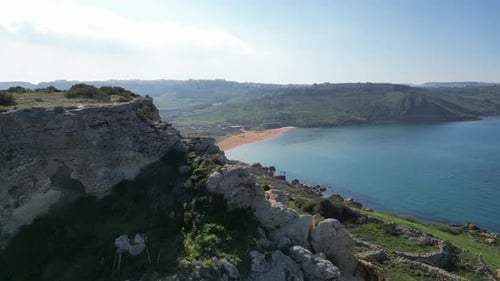 drone footage of blue waters and beautiful rocks of Mellieha. Nature of Malta