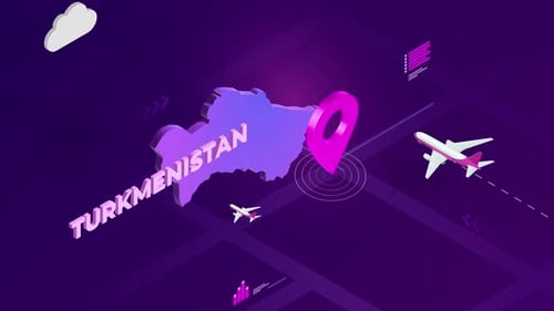 Isometric 3D Turkmenistan Map with Location Pin and Airplanes