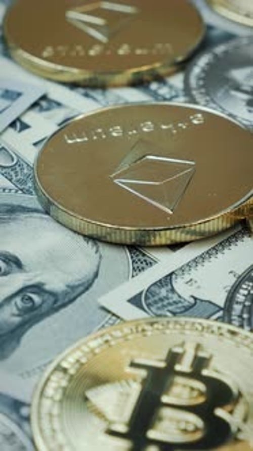 Cryptocurrency Coins and Dollar Bills Close Up