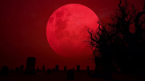 Minimalist Horror Scene with Giant Red Blood Moon over Graveyard and Distant Skeleton