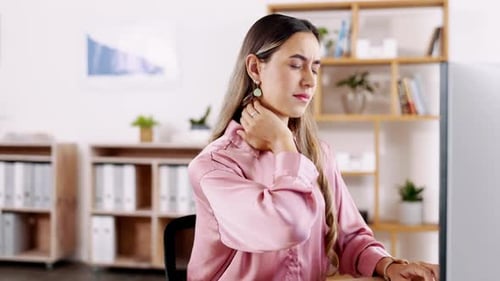 Business woman, computer and neck pain in stress, burnout or painful discomfort at office desk