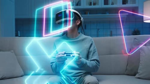 Boy Plays Video Games with VR Headset