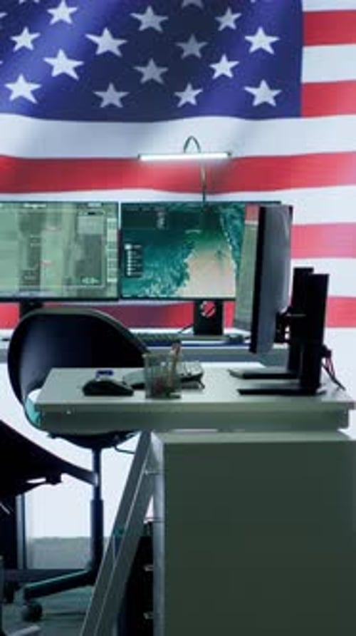 Vertical Video Empty Russian Federation Military Command Post Managing Cyber Warfare Propaganda