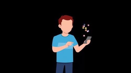 Animated Person Using Smartphone with Social Media Emoji Reactions