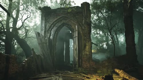 Exploring the Remains of a Gothic Structure in a Misty Forest