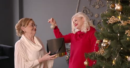 Adult Woman with Mother Decorating Christmas Tree Together