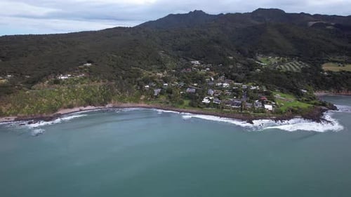 Whale Bay Beachfront Paradise Holiday House Near Manu Bay In Raglan, New Zealand. Aerial Wide Shot