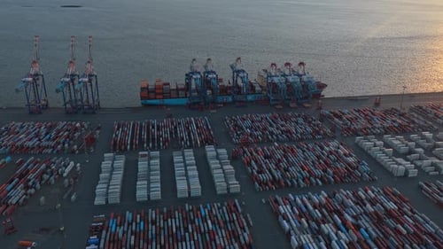 Large freight port in Bremerhaven with loading cranes
