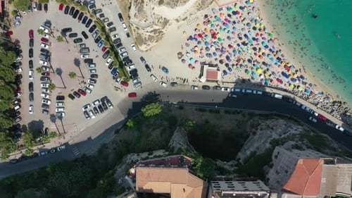 Aerial View of Touristic Historic Center of Tropea Town Cliffs and Sandy Beach on Sunny Summer Day