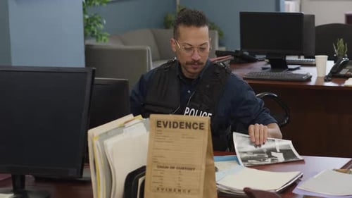 Police Detective Reviews Evidence at Desk in Office