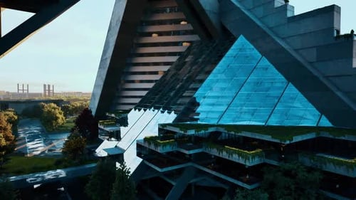 Estructura arquitectónica moderna con vidrio y vegetación en un entorno urbano