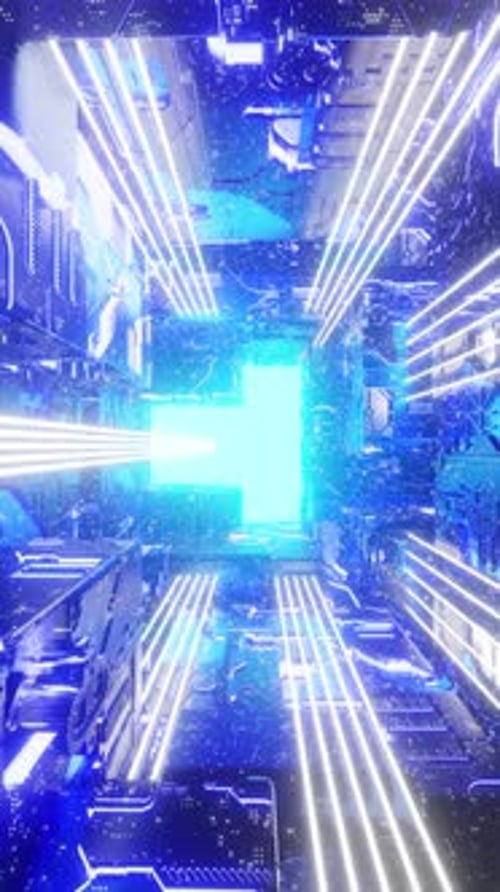 Vertical Gglowing Corridor of Futuristic Spaceship 3d Animation