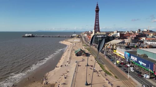Drone shot of the promenade in Blackpool town in England, United Kingdom