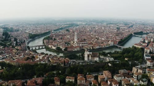 Drone shot of Verona, Italy on a cloudy day.