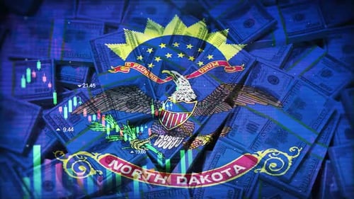 North Dakota Flag On Economic Background With Decrease Bar Chart Graph And Arrow