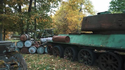 Old Soviet Russian Military Vehicle, Destroyed War Ukraine Army Technical Tank Gun Industrial. Russi