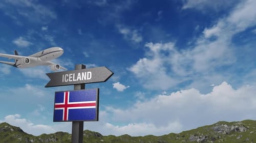 Airplane Flying Past Iceland Travel Sign