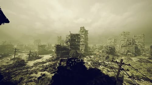Desolate Dawn Ruins Abandoned Urban Landscape Shrouded in Mist and Decay