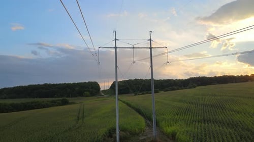High Voltage Tower with Electric Power Lines Between Green Agricultural Fields