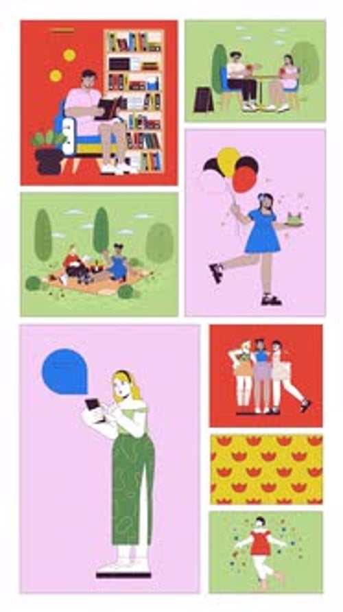 Diverse curvy people lifestyle bento grid vertical animation