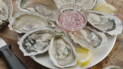 Fresh raw edible oysters, popular shellfish seafood close-up.