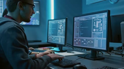 Software Engineer Typing Code at Multiple Computer Screens