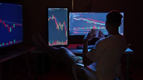 Rear View of Relaxed Male Trader Analyzing Stock Market Charts on Multiple Computer Screens in Home