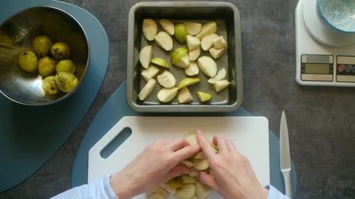 Chef Preparing Delicious Pear Charlotte Dessert Cake