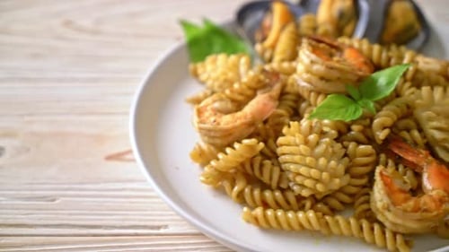 Seafood Pasta Dish with Shrimp and Squid Close Up