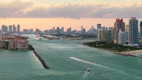 USA Travel Destination Miami Skyline with Ocean Cruise Liner Departing From Port Holiday Vacation
