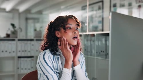 Frustrated woman, stress and computer with headache for strain, pressure or deadline at office