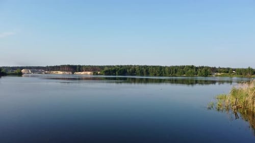 Aerial blue lake with trees and reeds reflection