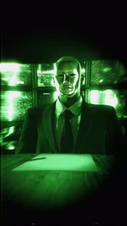 Glitchy Futuristic AI Robot Surveillance Screen Display