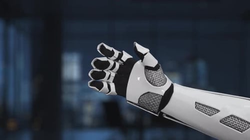 Futuristic Business to Consumer Interface with Robot Hand and Digital Icons Representing Commerce an