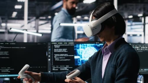 Programmer Using VR Goggles in Data Center Coding with Generative AI