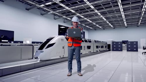 Engineer Inspecting Futuristic High-Speed Train Model