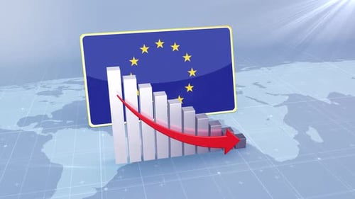 European Union Flag With Decrease Bar Chart Graph And Arrow Red