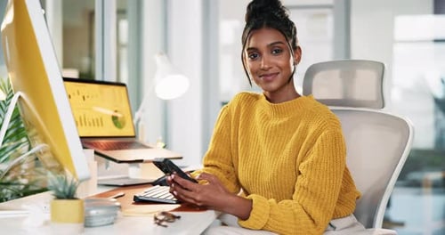 Office, businesswoman and face with smile for smartphone, online chat and checking email