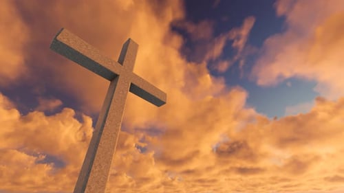 Animated Stone Cross with Moving Clouds in a Golden Sky