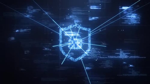 Futuristic Digital Security Shield with Code Particle Animation