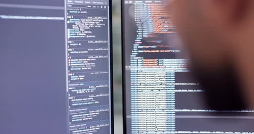 Closeup, code or screen in it, cybersecurity or data in digital, blockchain or glitch in software