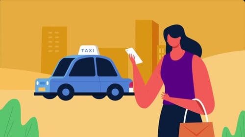 Woman Requesting Taxi via Smartphone Application Flat Animation