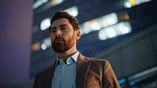 Night Businessman Thinking Decision Standing Dark Street Portrait Pensive Ceo