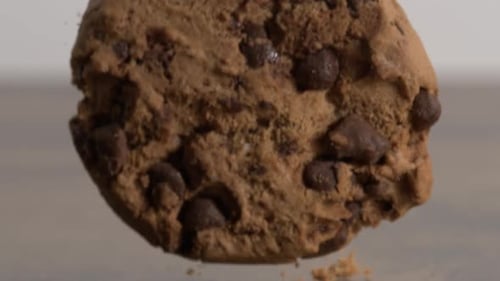 Slow-motion Video of Chocolate Chip Cookie Falling and Crumbs Dispersion at 800 fps,
