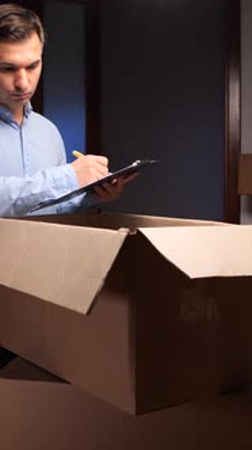 Vertical Video Man Checking Inventory List While Packing Boxes for Moving
