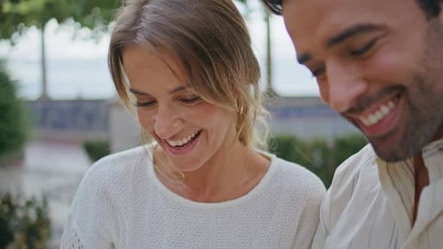 Laughing Newlyweds Having Fun at City Park Closeup Sweethearts Romantic Date