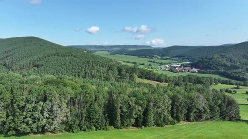 Luftaufnahme des grünen Waldes und des Dorfes, Deutschland.