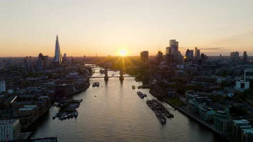 Aerial drone flyover river Thames panoramic view over iconic London skyline