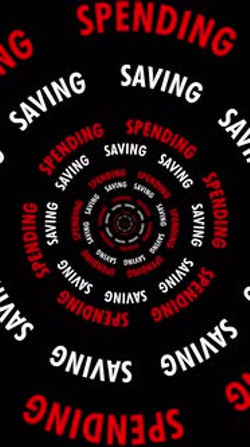 Vertical Infinite tunnel of words Spending and Saving looping on a black background