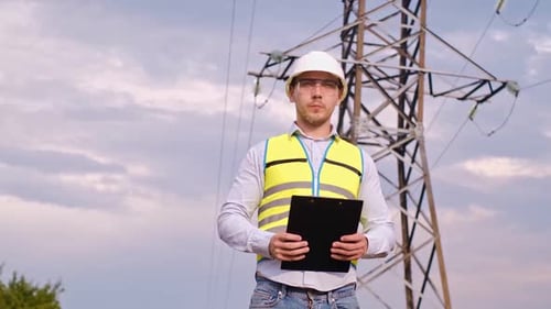 A designer inspects a high voltage tower. An engineer in a hard hat servicing a power transmission p